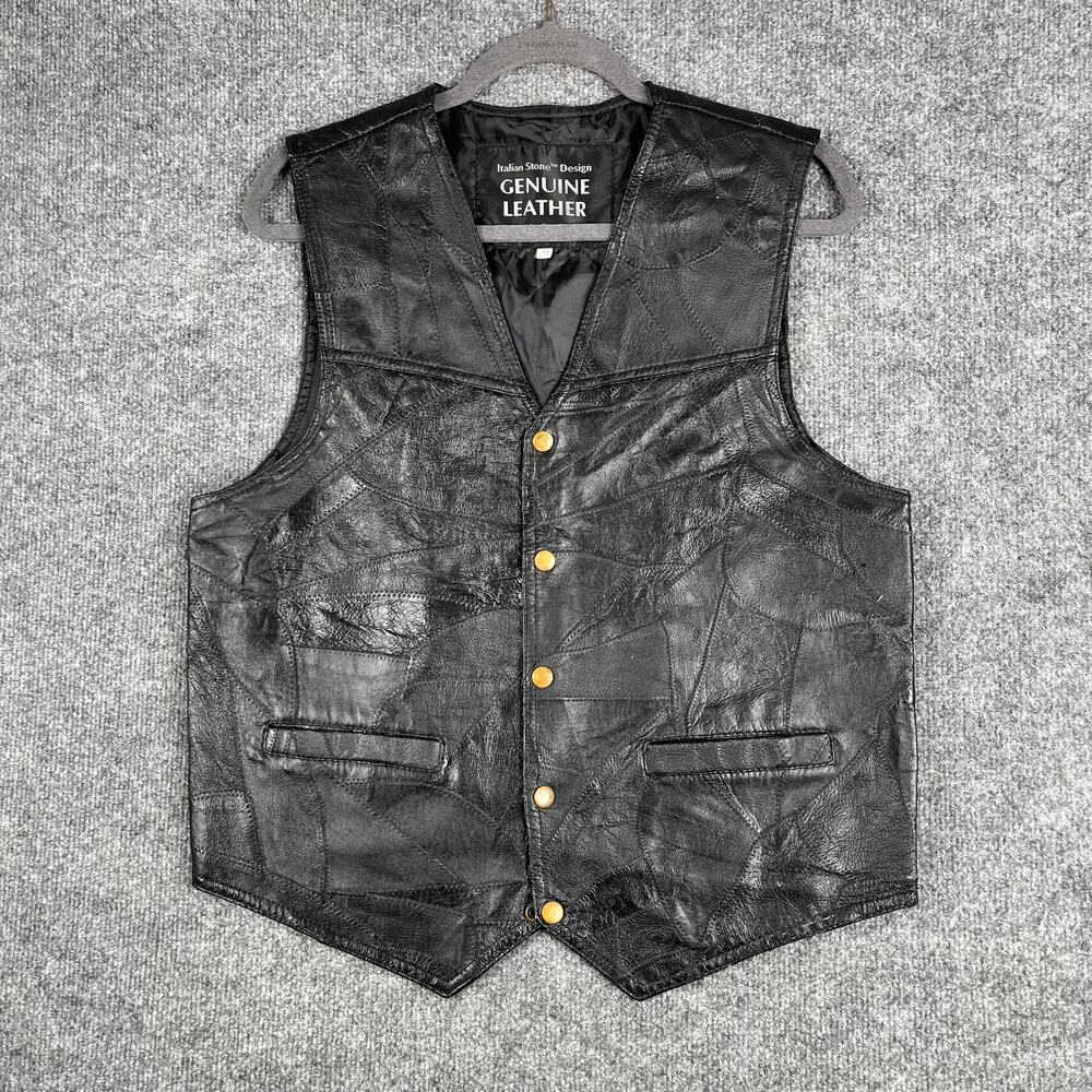Italian Stone Vest Mens Size M Black Genuine Leather Western Biker Snap